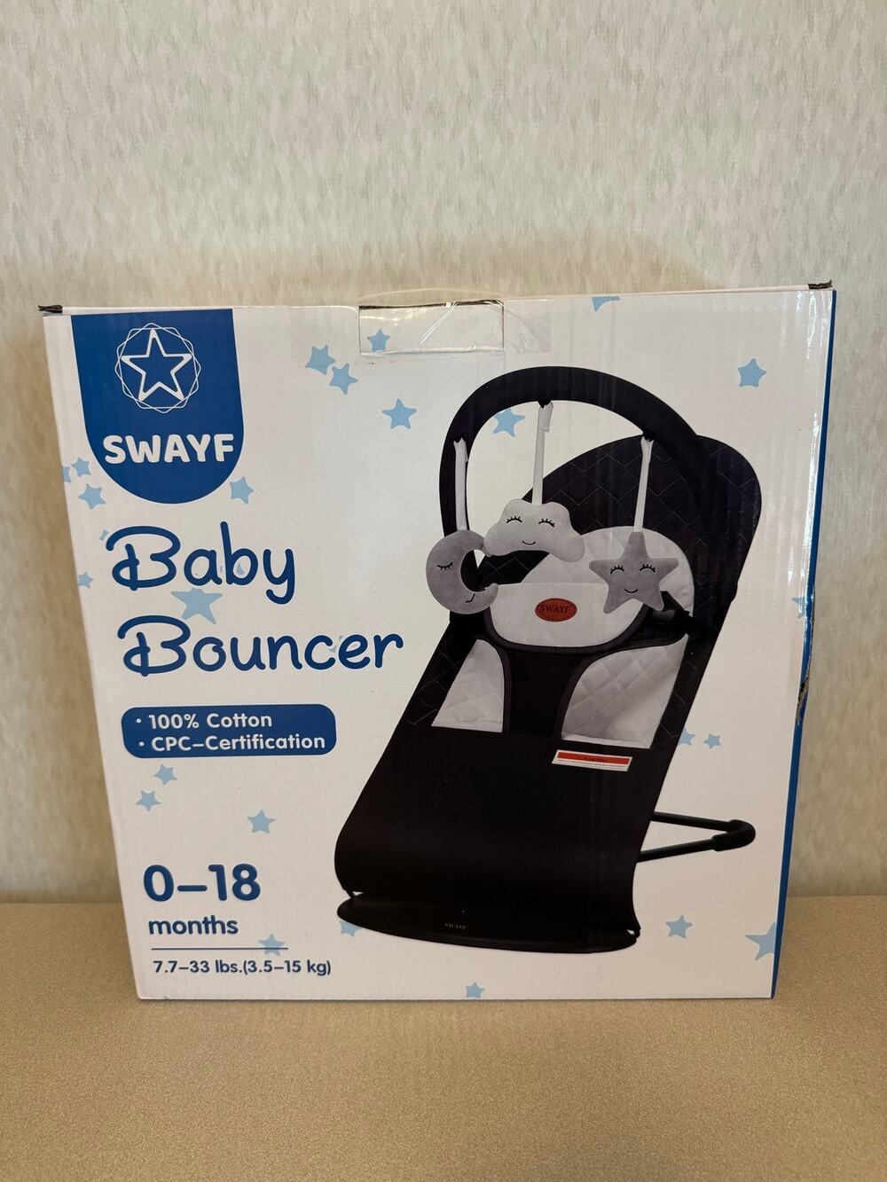 SWAYF Baby Bouncer 0–18 Months 7.7–33 lbs Cotton Seat Beige CPC Certified